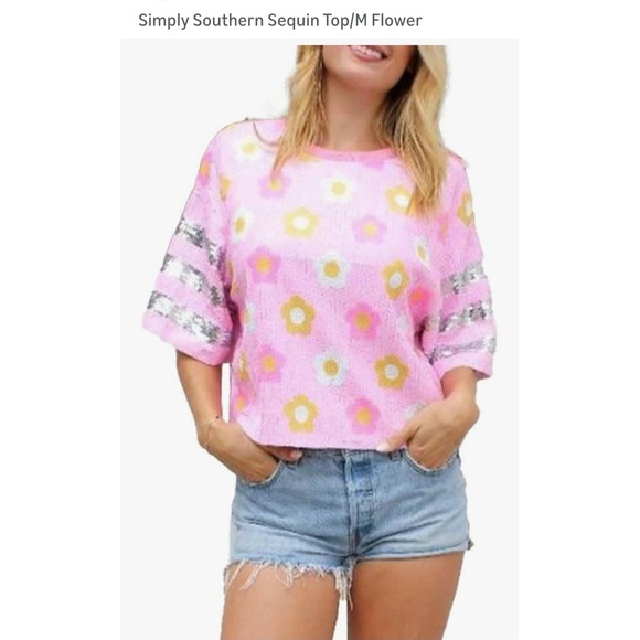 NWOT Simply Southern Pink Sequin Daisy Top Women's Large Crop - Picture 2 of 9